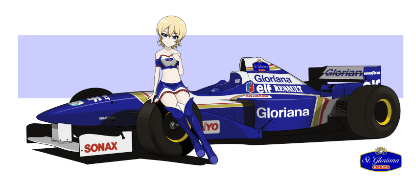 1girl, absurdres, alternate_costume, bare_shoulders, blonde_hair, blue_eyes, blue_footwear, blue_shirt