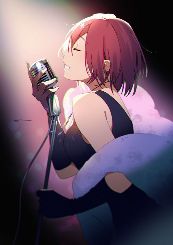 1girl, alternate_costume, bare_shoulders, black_dress, breasts, closed_eyes, commentary, dress, elbow_gloves, english_commentary, eyebrows_visible_through_hair, formal, gloves, hakei, holding, holding_microphone, holding_microphone_stand, jewelry, kairi_(kingdom_hearts), kingdom_hearts, kingdom_hearts_melody_of_memory, light_rays, microphone, microphone_stand, music, necklace, open_mouth, redhead, short_hair, signature, singing, sleeveless, sleeveless_dress, smile, solo, teeth, vintage_microphone