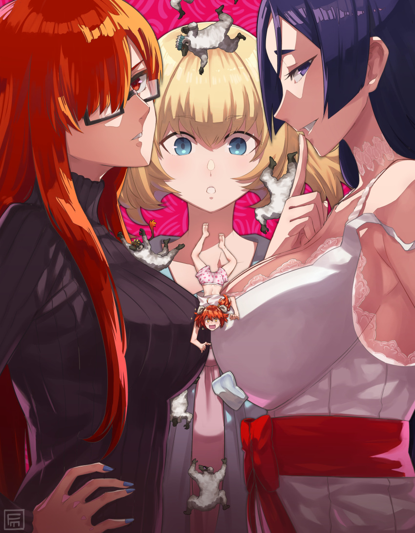 4girls, ahoge, bangs, black_sweater, blonde_hair, blue_eyes, breasts, catherine