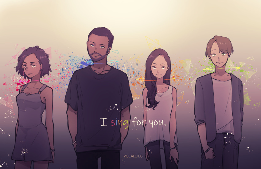 2boys, 2girls, amy_(vocaloid), beard, black_hair, black_shirt, brown_hair, chris_(vocaloid), commentary, copyright_name, cowboy_shot, curly_hair, dark_skin, dark_skinned_male, dress, earrings, english_text, facial_hair, hands_in_pockets, jewelry, kaori_(vocaloid), ken_(vocaloid), looking_at_viewer, mi_no_take, multiple_boys, multiple_girls, mustache, shirt, short_dress, smile, t-shirt, vocaloid, white_shirt, wristband