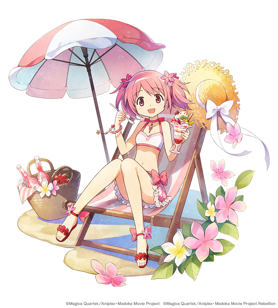 1girl, :d, alternate_costume, alternate_hair_ornament, aniplex, ankle_flower, ankle_ribbon, ankle_strap