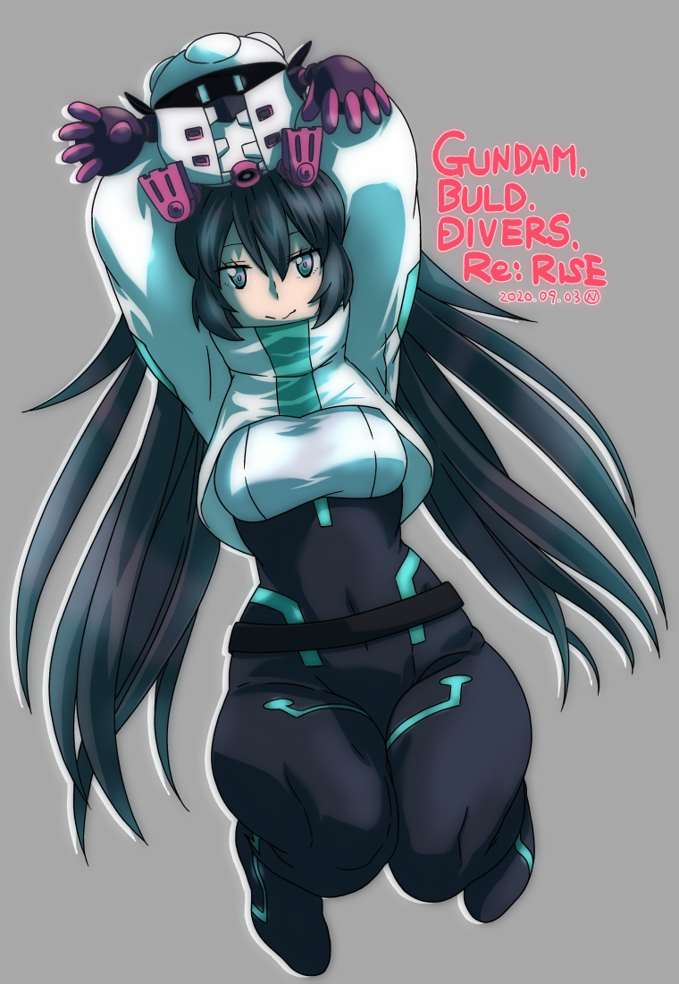 1girl, black_hair, copyright_name, covered_navel, dated, green_eyes, grey_background, gundam