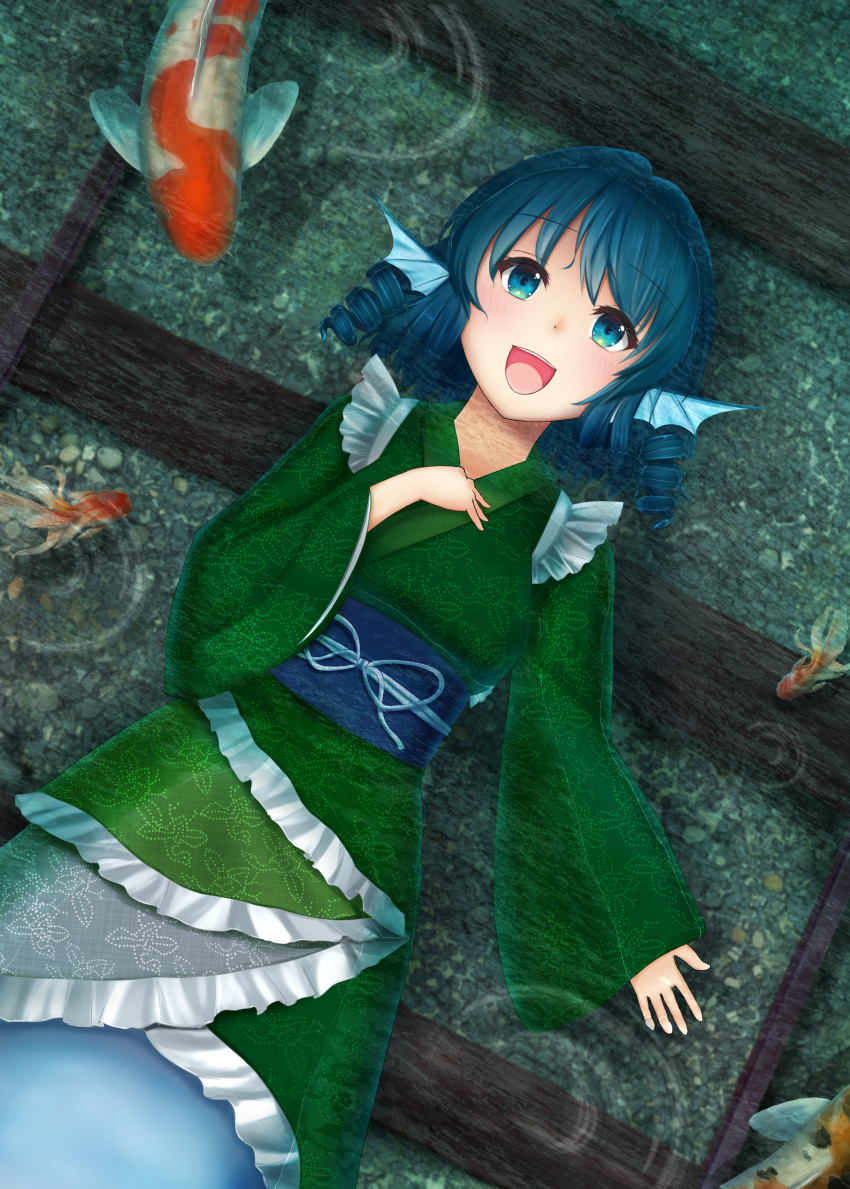 1girl, :d, absurdres, afloat, animal_print, blue_eyes, blue_hair, commentary_request