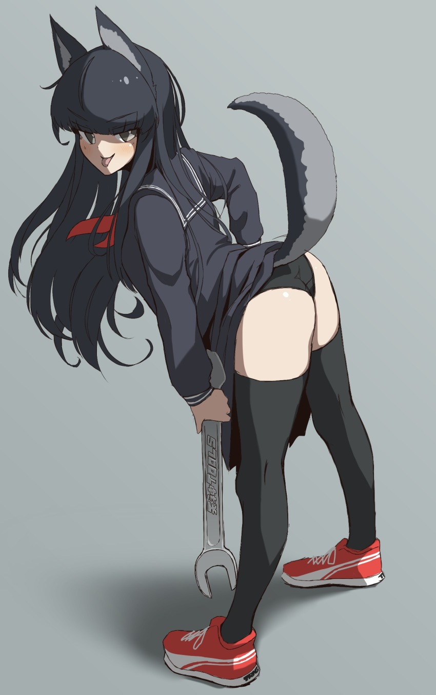 1girl, animal_ears, bent_over, black_panties, grey_background, grey_eyes, highres, holding