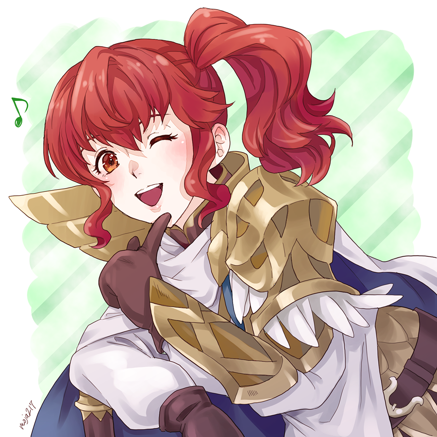 1girl, anna_(fire_emblem), finger_to_chin, fire_emblem, fire_emblem_heroes, ichii_k, looking_at_viewer, musical_note