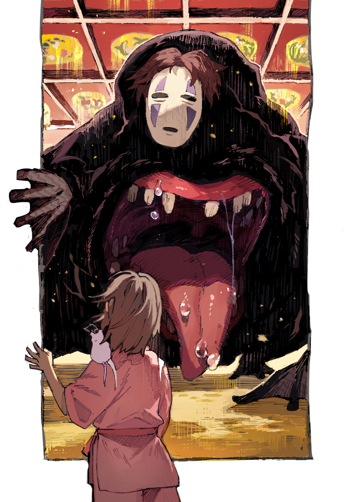 1girl, bou_(sen_to_chihiro_no_kamikakushi), brown_hair, commentary_request, from_behind, kaonashi, mask, mouth
