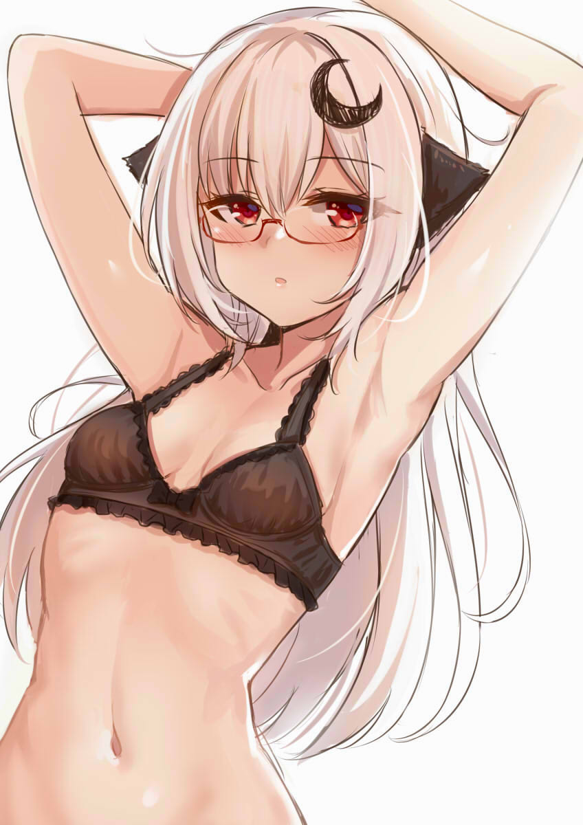 1girl, animal_ears, armpits, arms_up, bangs, bare_arms, bare_shoulders, black_bra, blush, bow, bow_bra, bra, breasts, collarbone, crescent, crescent_hair_ornament, eyebrows_visible_through_hair, glasses, grey_background, hair_between_eyes, hair_ornament, highres, long_hair, looking_at_viewer, navel, original, parted_lips, red-framed_eyewear, red_eyes, semi-rimless_eyewear, silver_hair, simple_background, small_breasts, solo, under-rim_eyewear, underwear, underwear_only, unname, upper_body, very_long_hair