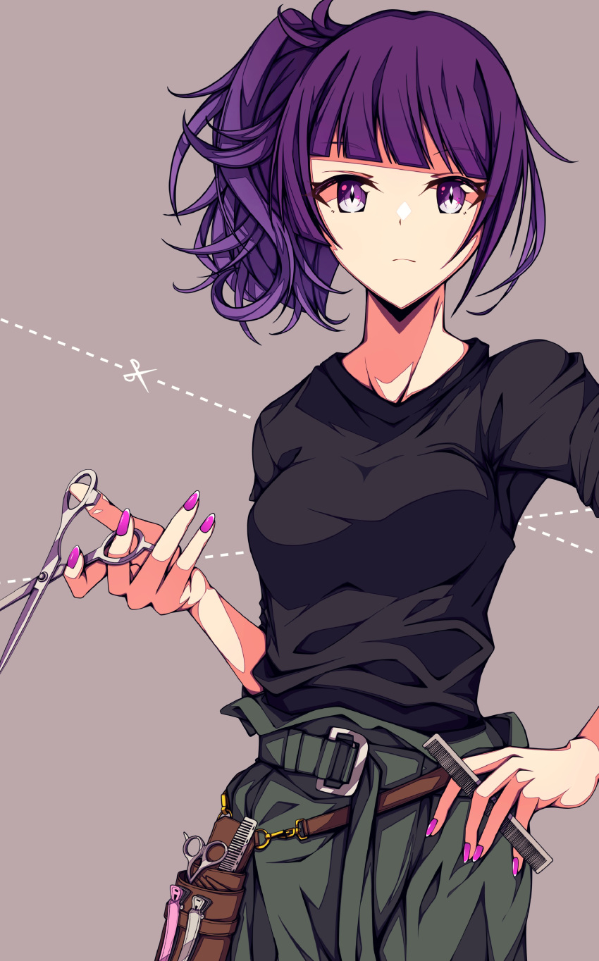 1girl, absurdres, bangs, comb, diagonal_bangs, green_pants, hand_on_hip, highres
