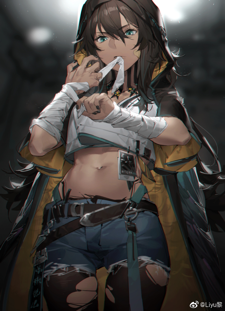 1girl, aqua_eyes, arknights, artist_name, bandaged_hands, bandages, belt, black_legwear
