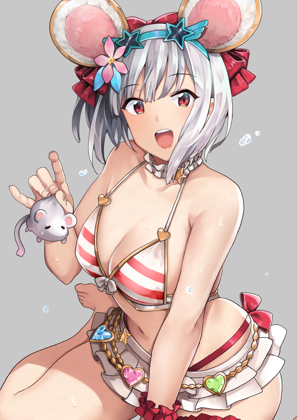 1girl, animal, animal_ears, bangs, barefoot, bikini, breasts, choker
