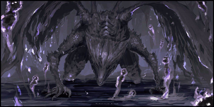 all_fours, artist_name, cave, character_name, claws, dark_souls_iii, darkeater_midir, dragon, facing_viewer, full_body, highres, ibuo_(ibukht1015), leaning_forward, multiple_wings, no_humans, scales, solo, souls_(from_software), spine, spirit, stalactite, teeth, water, western_dragon, wings
