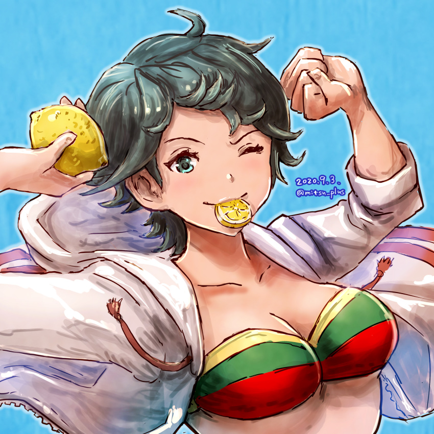 1girl, absurdres, bangs, bikini, black_hair, blue_background, blue_eyes, dated