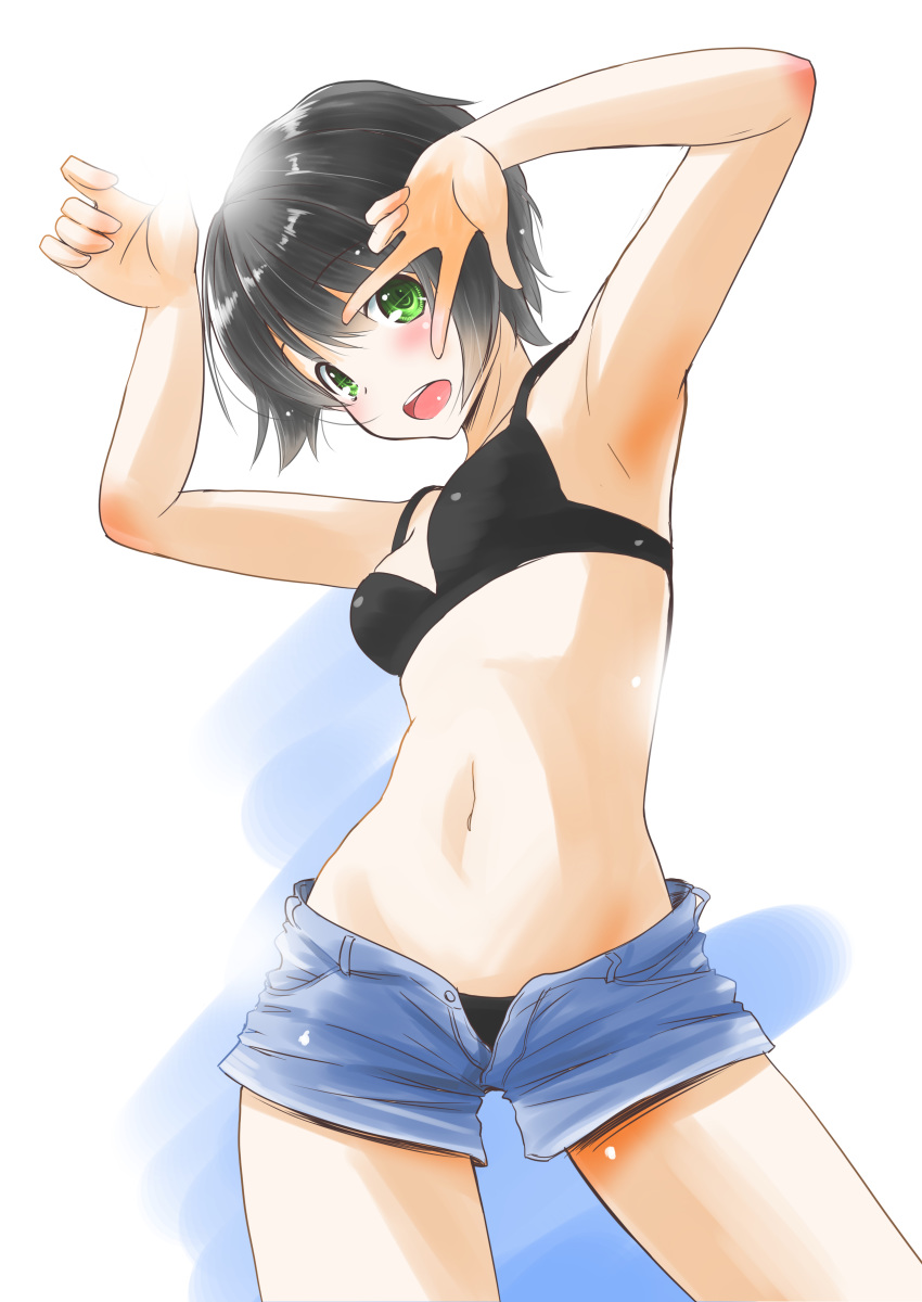 1girl, absurdres, bikini, black_bikini, black_hair, blue_shorts, breasts, cowboy_shot, denim, denim_shorts, green_eyes, highres, kantai_collection, looking_at_viewer, mogami_(kantai_collection), navel, short_hair, short_shorts, shorts, small_breasts, solo, standing, swimsuit, taisinkoku, v_over_eye