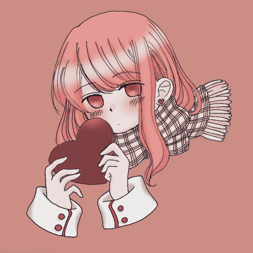 1girl, awayawa_pic, bangs, blush, commentary_request, earrings, hands_up, heart, heart_earrings, highres, holding, holding_heart, jewelry, looking_at_viewer, original, pink_background, pink_eyes, pink_hair, plaid, plaid_scarf, red_heart, scarf, shiny, shiny_hair, simple_background, solo, swept_bangs, valentine
