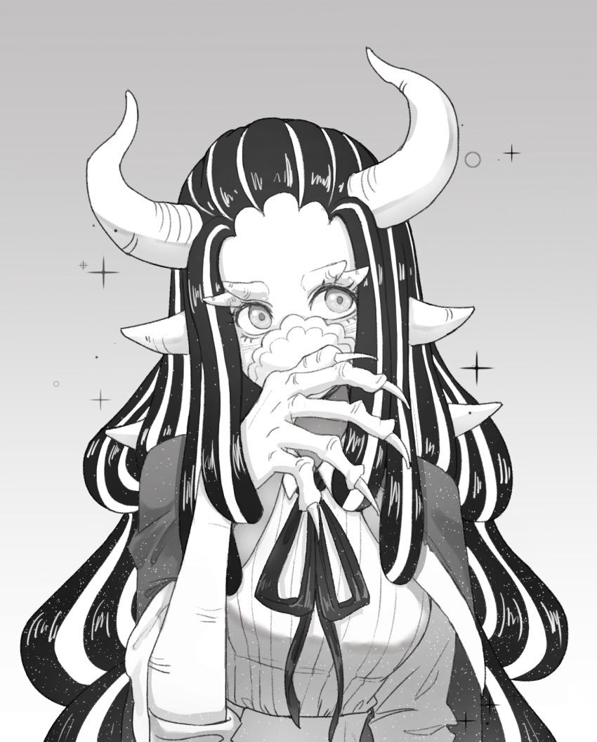 1girl, blush, cape, claws, dress, greyscale, highres, horns, long_hair, majio233, mask, monochrome, mouth_mask, multicolored_hair, one_piece, ribbon, simple_background, solo, ulti_(one_piece)