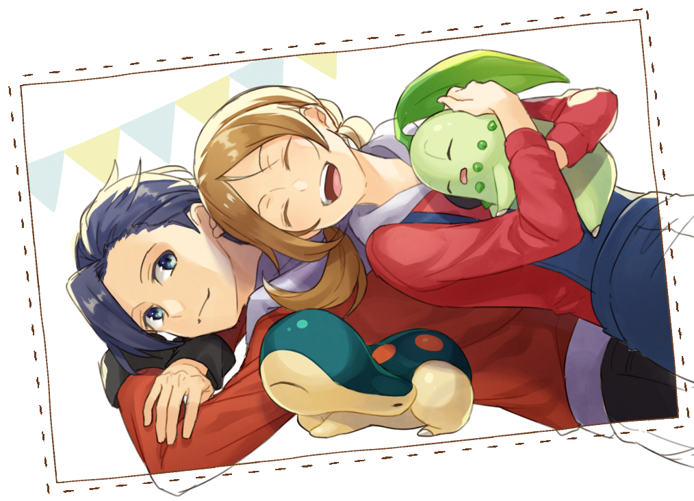 1boy, 1girl, black_hair, chikorita, closed_eyes, cyndaquil, ethan_(pokemon), gen_2_pokemon