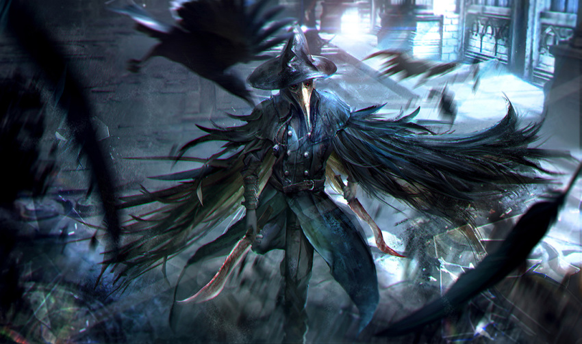 1girl, bird, black_cloak, black_coat, black_feathers, black_headwear, black_pants, blood