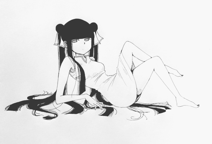 1girl, awayawa_pic, bangs, blunt_bangs, breasts, commentary_request, crossed_legs, dot_mouth