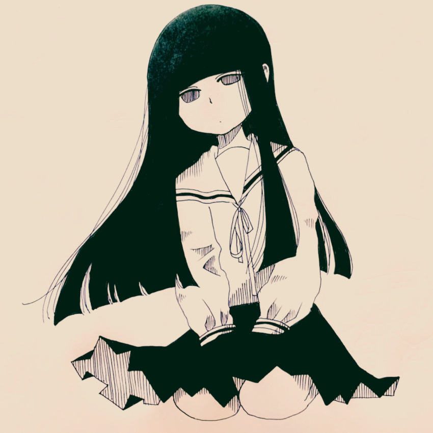 1girl, awayawa_pic, black_hair, black_skirt, commentary_request, dot_mouth, full_body, greyscale