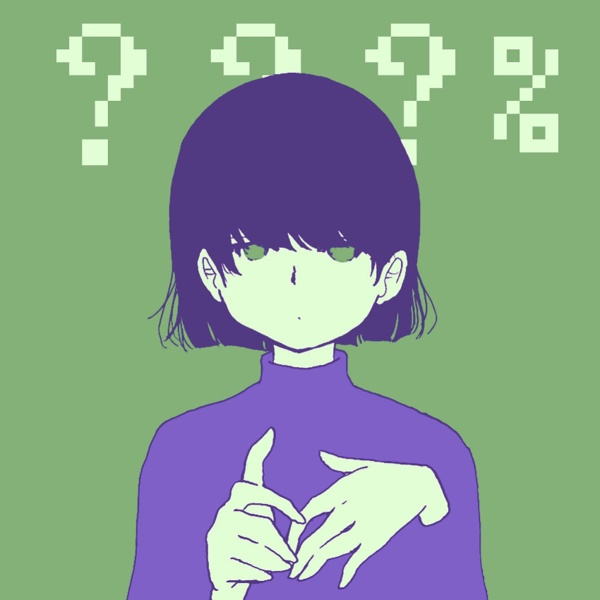 1girl, ?, awayawa_pic, commentary_request, dot_mouth, expressionless, green_background, hands