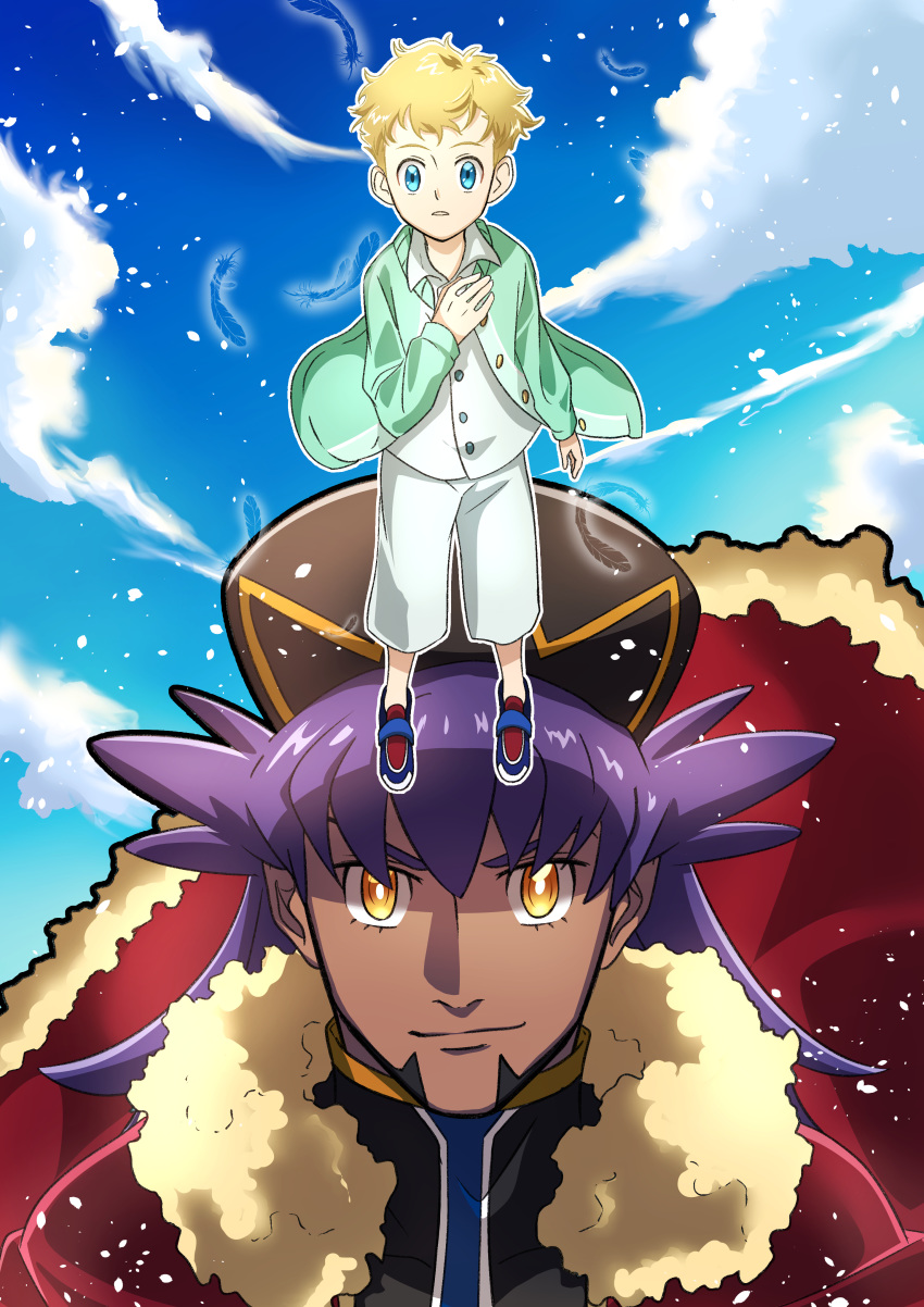 2boys, absurdres, black_headwear, blonde_hair, blue_eyes, blue_sky, cape, child