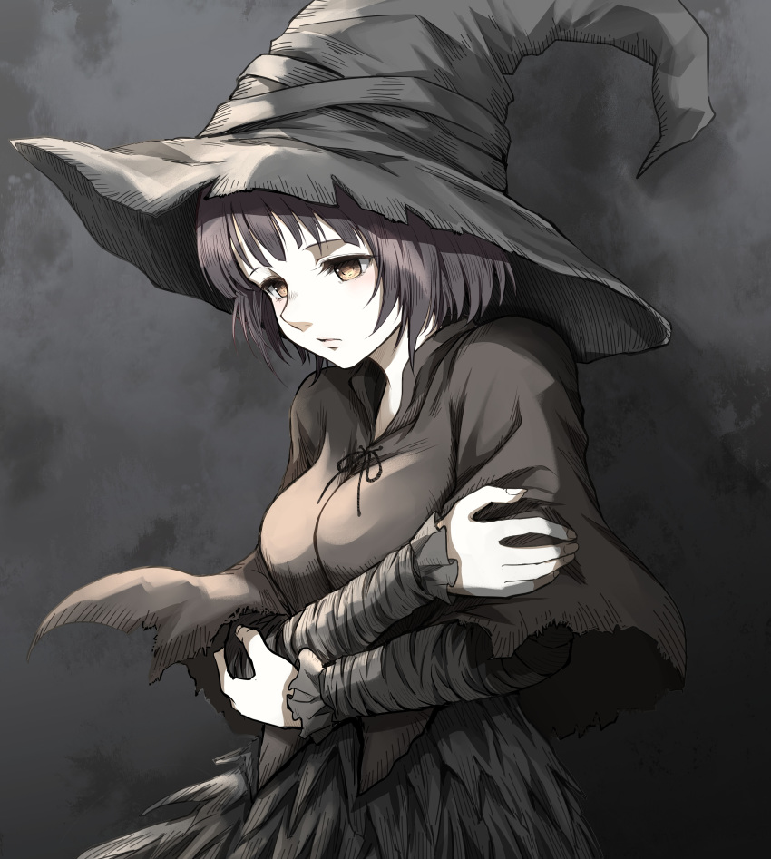 1girl, absurdres, arms_under_breasts, bangs, black_hair, black_ribbon, breasts, brown_cloak