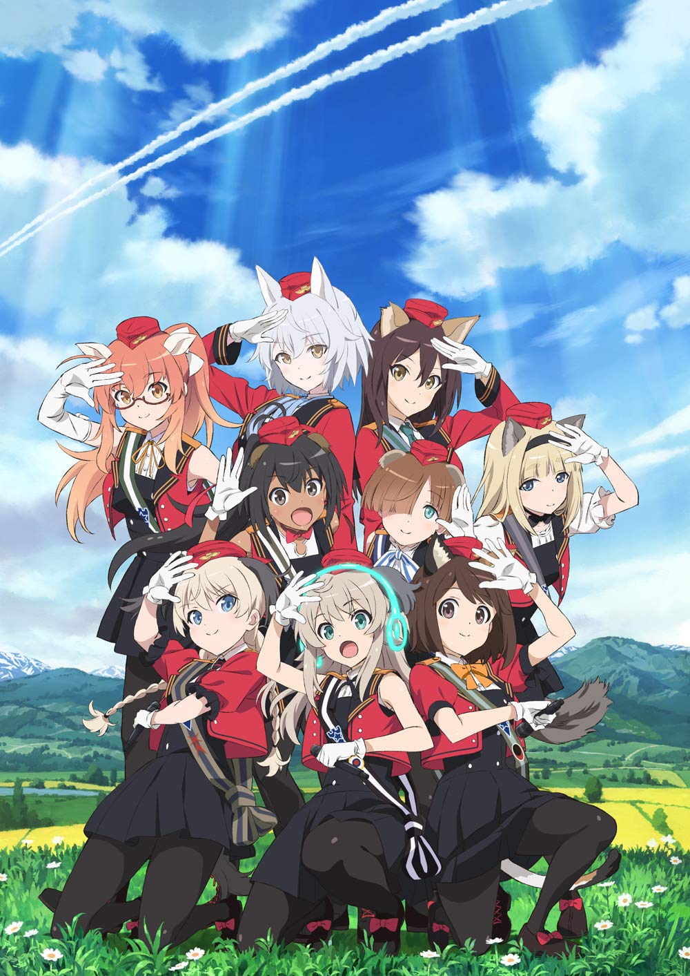6+girls, aila_paivikki_linnamaa, animal_ears, bird_ears, black_eyes, black_hair, black_legwear, black_skirt