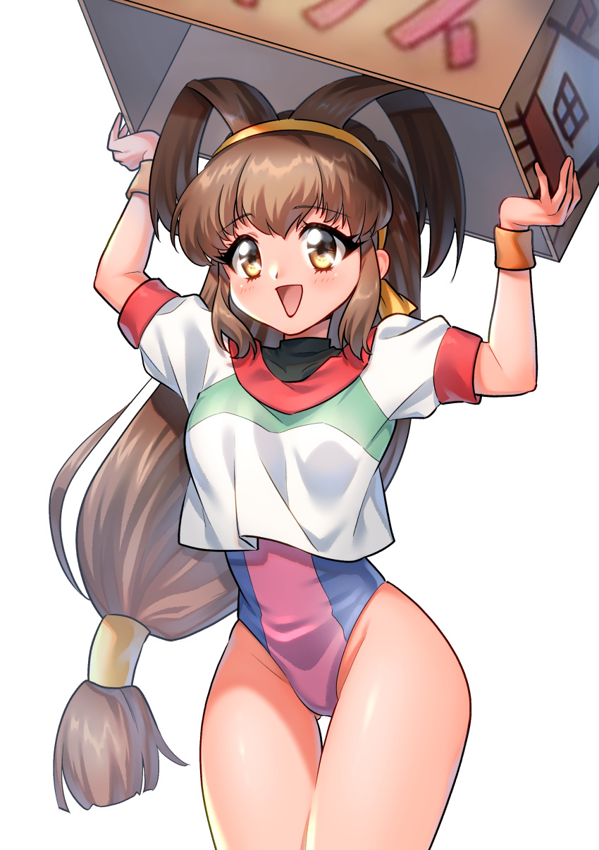 1girl, absurdres, antenna_hair, arms_up, ass_visible_through_thighs, athletic_leotard, battle_athletes, blue_leotard