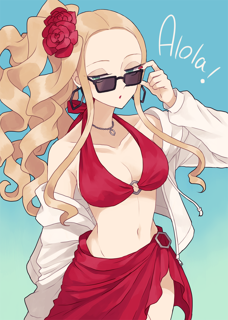1girl, adjusting_eyewear, bikini, bikini_top, blonde_hair, blue_background, breasts, collarbone, earrings, flower, green_eyes, hair_flower, hair_ornament, hoop_earrings, jacket, jewelry, long_hair, looking_at_viewer, medium_breasts, navel, necklace, oleana_(pokemon), pokemon, pokemon_(game), pokemon_swsh, red_bikini, red_nails, rinka_(rinka0912), sidelocks, simple_background, solo, standing, sunglasses, swimsuit, white_jacket