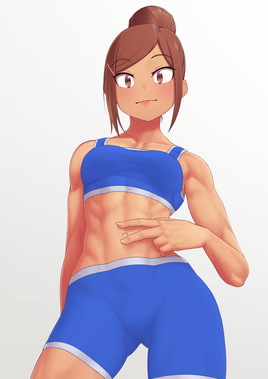 1girl, abs, bike_shorts, breasts, brown_eyes, brown_hair, closed_mouth, collarbone