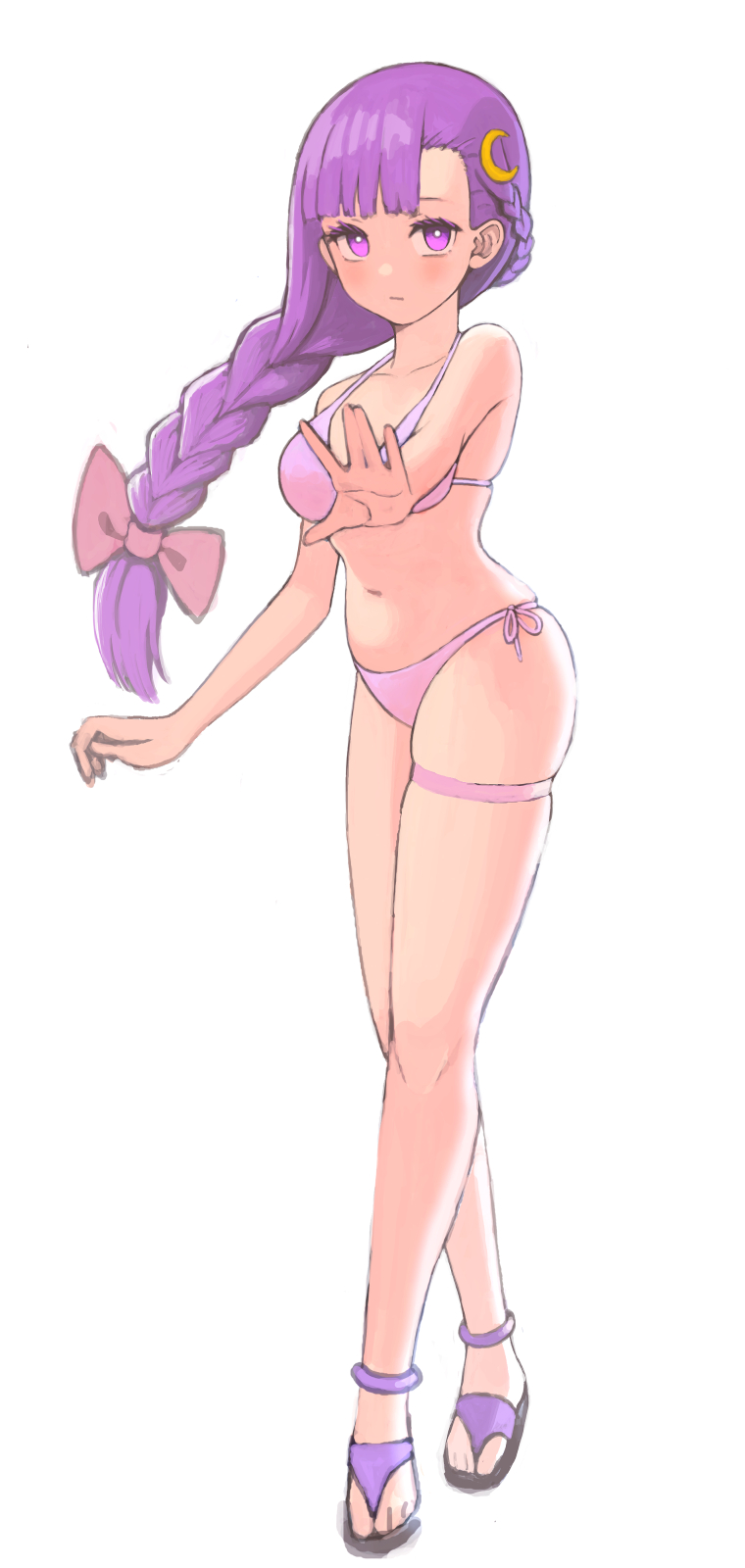 1girl, alternate_hairstyle, bare_arms, bare_legs, bare_shoulders, bikini, bow, braid, breasts, crescent, crescent_hair_ornament, expressionless, full_body, hair_bow, hair_ornament, highres, long_hair, looking_at_viewer, medium_breasts, patchouli_knowledge, pink_bikini, purple_hair, red_bow, sandals, side-tie_bikini, simple_background, solo, standing, swimsuit, thigh_strap, touhou, tsukebo, white_background