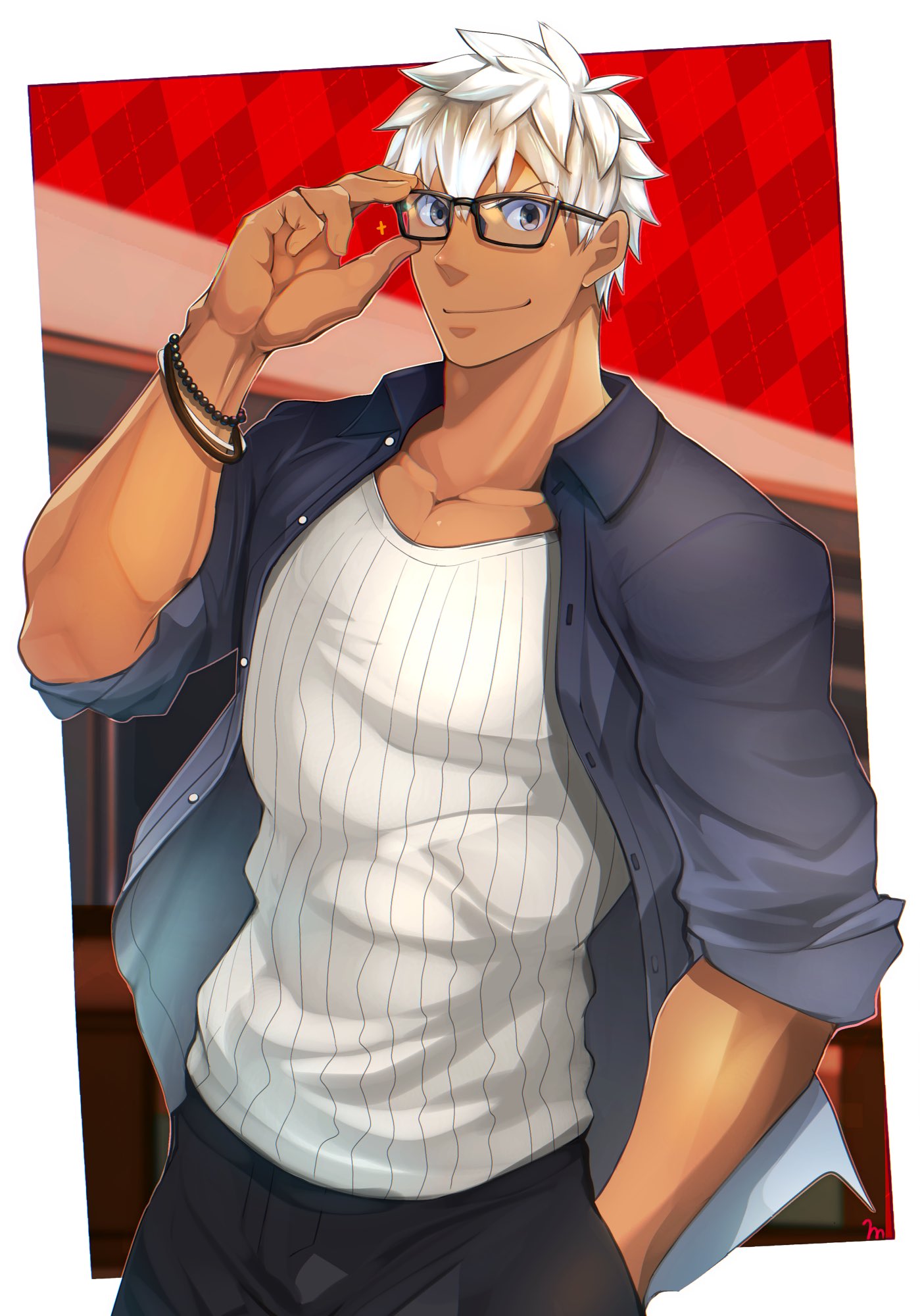 1boy, alternate_costume, archer, bara, brown_eyes, chest, dark_skin, dark_skinned_male