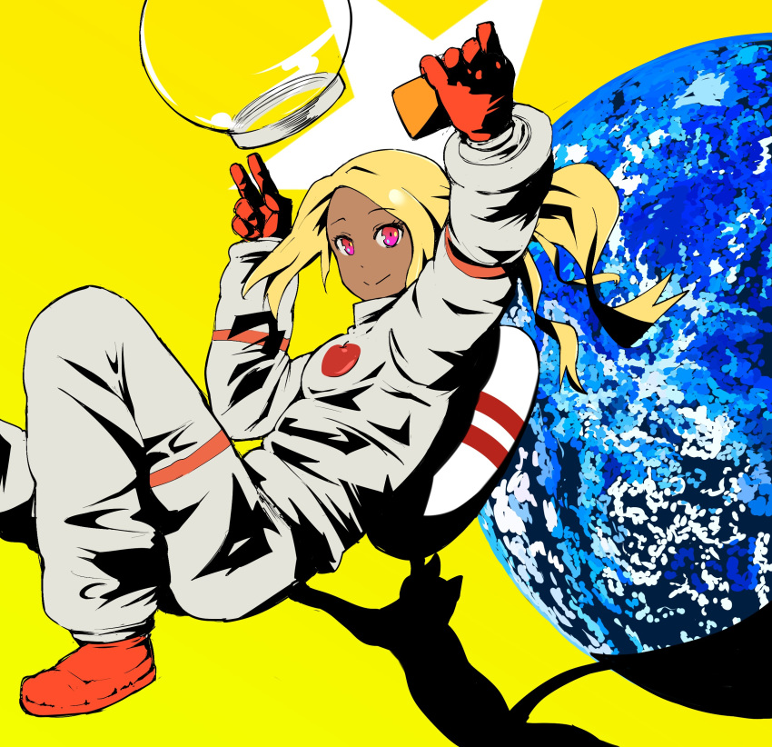 1girl, absurdres, astronaut, black_cat, blonde_hair, cat, cellphone, dark_skin