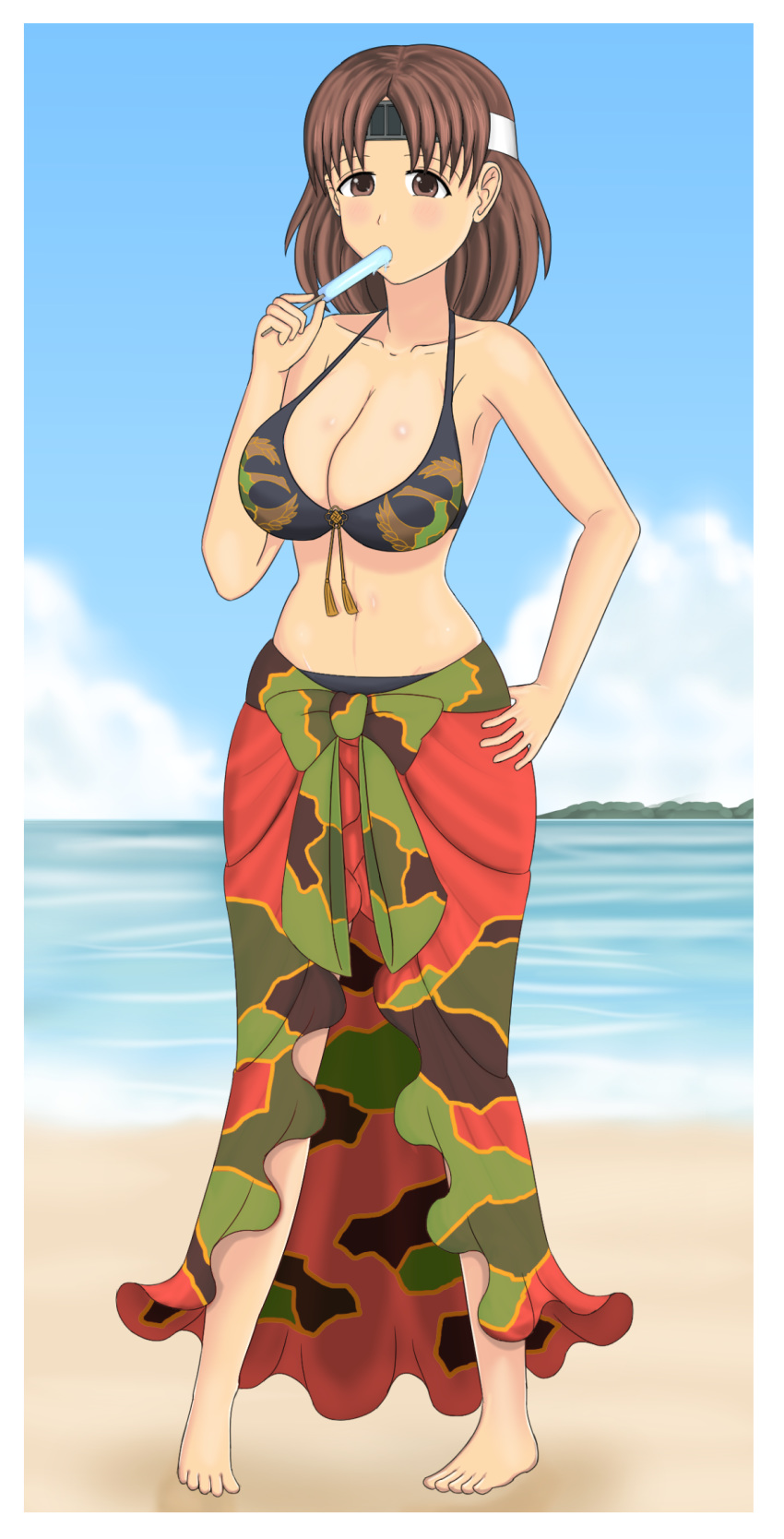 beach, bikini, blue_sky, breasts, camouflage, chibiosaka, chiyoda_(kantai_collection), food, grey_eyes, grey_hair, hair_ribbon, headband, highres, huge_breasts, island, kantai_collection, long_hair, ocean, popsicle, ribbon, sand, sarong, sky, smile, swimsuit, tassel