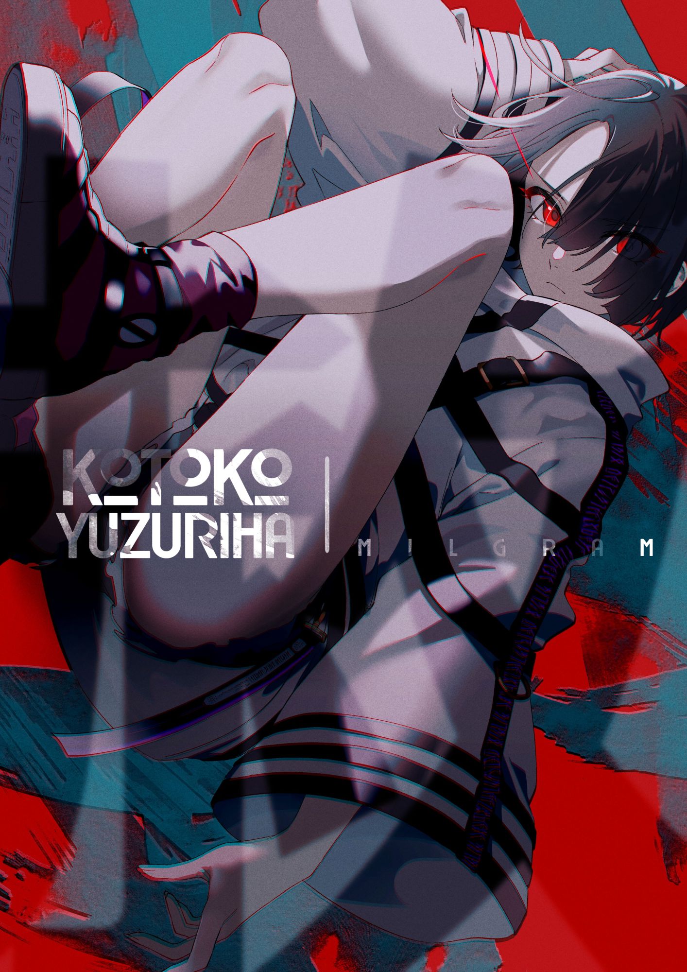 1girl, bangs, black_footwear, boots, expressionless, hair_over_one_eye, hand_up, highres, jacket, long_sleeves, looking_at_viewer, milgram, multiple_straps, prison_clothes, red_eyes, short_hair, snap-fit_buckle, solo, thighs, tomari_(veryberry00), white_jacket, wide_sleeves, yuzuriha_kotoko