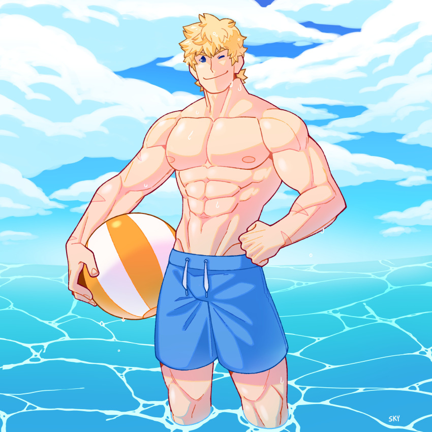 1boy, abs, absurdres, bara, blonde_hair, blue_eyes, boku_no_hero_academia, bulge