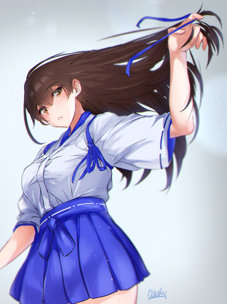 blue_ribbon, breasts, brown_hair, grey_background, hair_blowing, hakama_skirt, kaga_(kantai_collection), kantai_collection