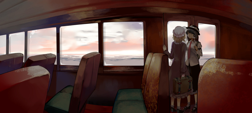 2girls, backpack, bag, blonde_hair, bow, brown_hair, capelet, cheat-nu, clouds, dress, fedora, frilled_sleeves, frills, hair_bow, hat, hat_bow, juliet_sleeves, long_sleeves, magical_astronomy, maribel_hearn, mary_janes, mob_cap, multiple_girls, necktie, puffy_sleeves, purple_dress, red_neckwear, ribbon, shirt, shoes, short_hair, suitcase, touhou, train_interior, usami_renko, wavy_hair, white_bow