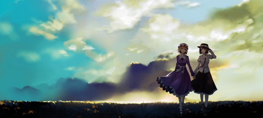 2girls, backlighting, black_footwear, black_skirt, blonde_hair, bow, brown_hair, cheat-nu