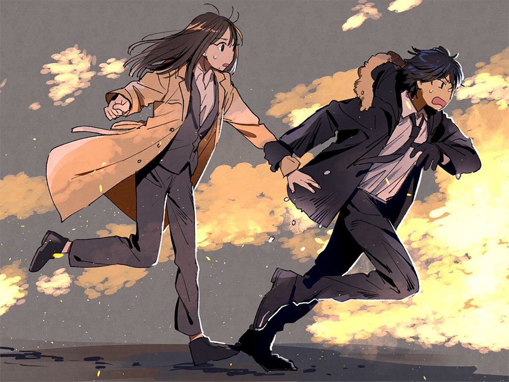 01mms01, 1boy, 1girl, bangs, black_gloves, black_hair, black_neckwear, formal, fur_trim, fuwa_isamu, gloves, holding_hands, kamen_rider, kamen_rider_01_(series), long_coat, long_hair, mole, mole_under_mouth, necktie, pant_suit, suit, yaiba_yua