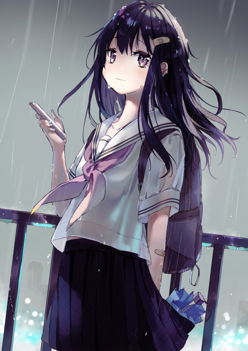 1girl, absurdres, backpack, bag, bandaid, bandaid_hair_ornament, bandaid_on_elbow, bangs
