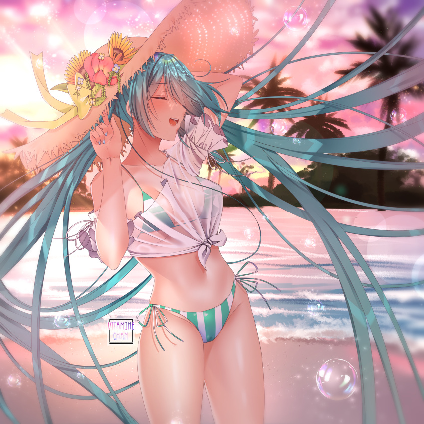 1girl, absurdres, aqua_hair, beach, bikini, bubble, closed_eyes, commentary