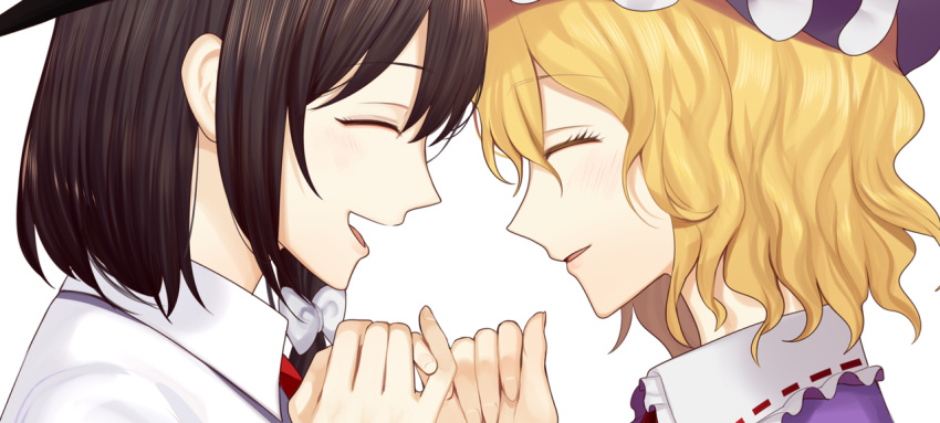 2girls, blonde_hair, bow, brown_hair, cheat-nu, closed_eyes, collared_shirt, dress