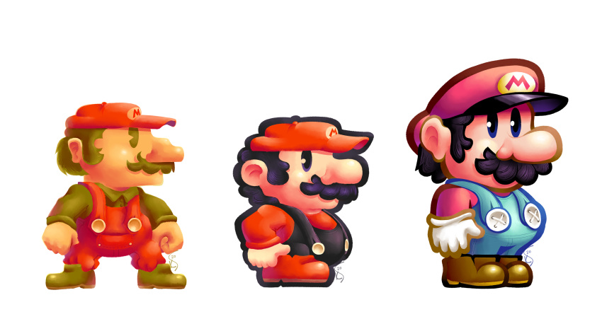 1boy, absurdres, black_eyes, clenched_hands, english_commentary, facial_hair, gloves, highres, male_focus, mario, super_mario_bros., multiple_views, mustache, open_hand, overalls, parody, style_parody, super_mario_bros., super_mario_bros._3, super_mario_world, torkirby, white_background, white_gloves