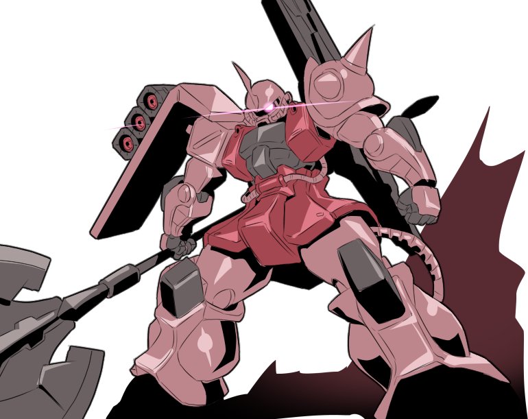 axe, clenched_hands, glowing, glowing_eye, gundam, holding, holding_axe, king_of_unlucky