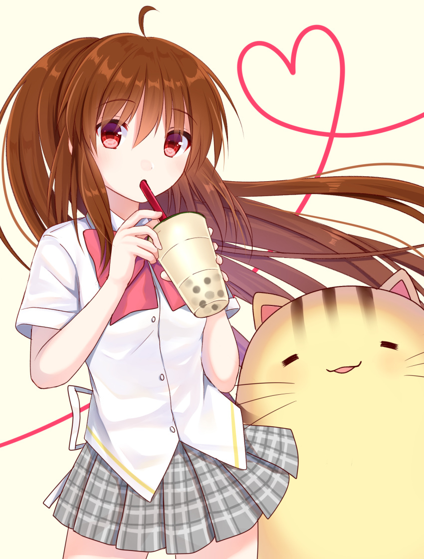 1girl, akausagi, brown_hair, bubble_tea, cat, commentary_request, cowboy_shot, doruji