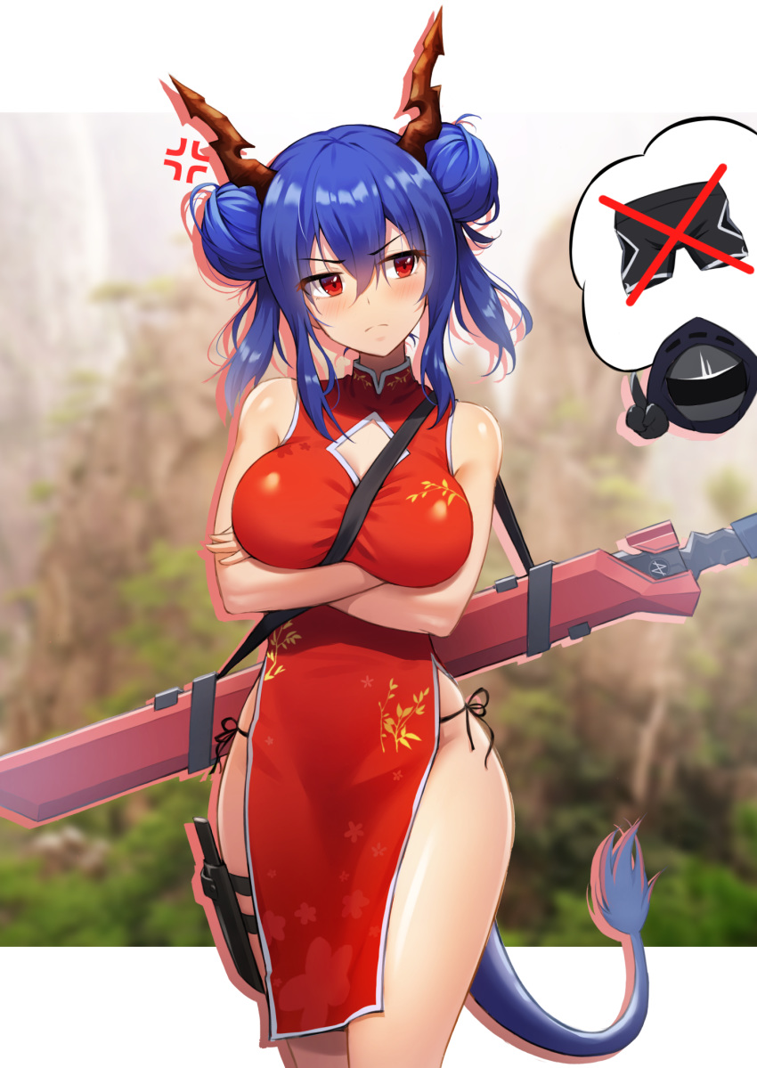 1girl, 1other, acso, alternate_costume, anger_vein, arknights, bangs, bare_arms, bare_shoulders, blue_hair, breasts, ch'en_(arknights), chi_xiao_(arknights), china_dress, chinese_clothes, cowboy_shot, crossed_arms, doctor_(arknights), double_bun, dragon_horns, dragon_tail, dress, hair_between_eyes, head_tilt, highres, horns, large_breasts, long_hair, looking_at_viewer, panties, red_dress, red_eyes, side-tie_panties, sidelocks, sleeveless, standing, tail, thigh_strap, thighs, underwear, x