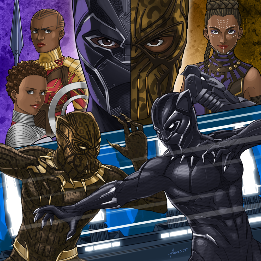2boys, 3girls, animal_ears, azusa_tanaka, battle, beard, black_hair, black_panther