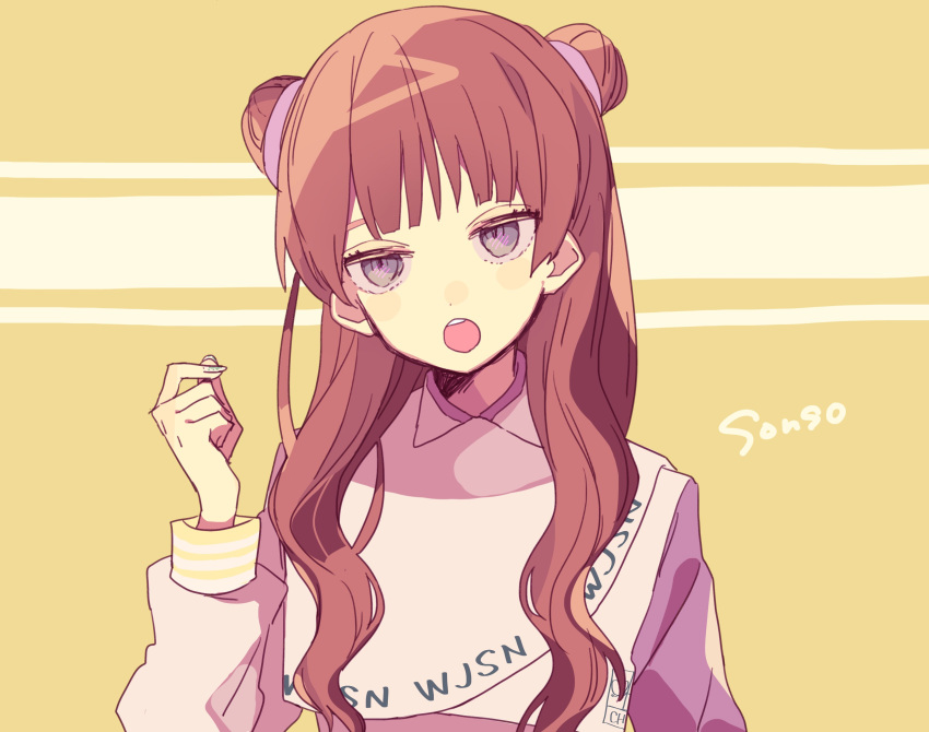 1girl, :o, absurdres, akechi_(ake_enst), brown_hair, cheng_xiao, double_bun, highres, k-pop, long_hair, open_mouth, orange_background, real_life, solo, violet_eyes, wjsn