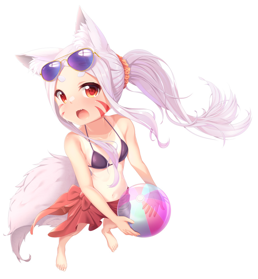 1girl, :3, absurdres, animal_ear_fluff, animal_ears, ball, barefoot, beachball